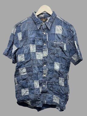 RRL Double RL Blue Denim Patchwork Short Sleeve Button Up Shirt Sz L